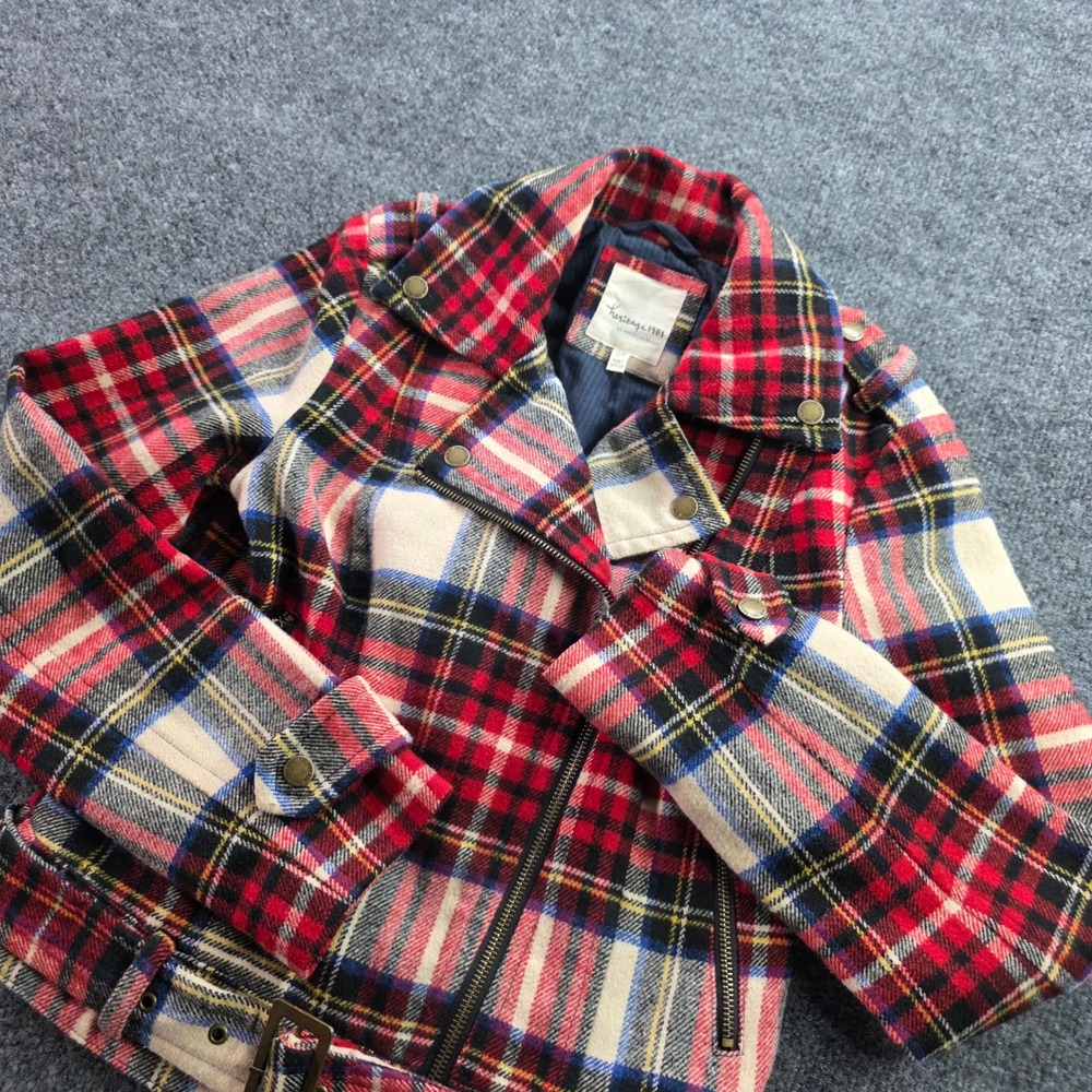 Heritage 1981 Plaid Moto Jacket Red Tartan Biker Belted Coat Small Womens S